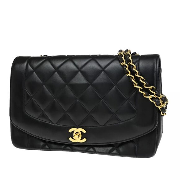 CHANEL CC Logo Diana Matelasse 25 Chain Shoulder Bag Leather Black GHW 805RK201 - Picture 1 of 16